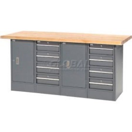 GLOBAL EQUIPMENT Workbench w/ Maple Square Edge Top, 8 Drawers   2 Cabinets, 72"Wx30"D, Gray 239160